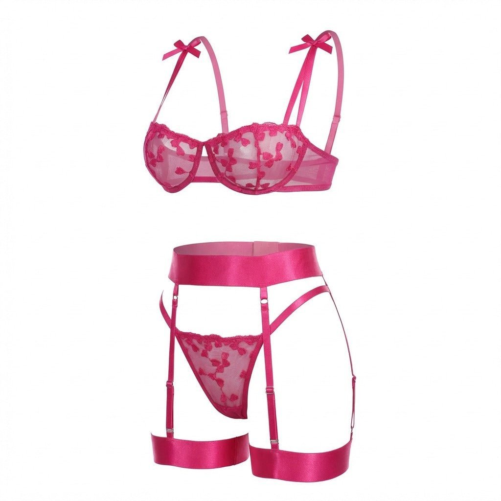 Women's Embroidered Mesh Four-Piece Lingerie Set - Fuchsia pink