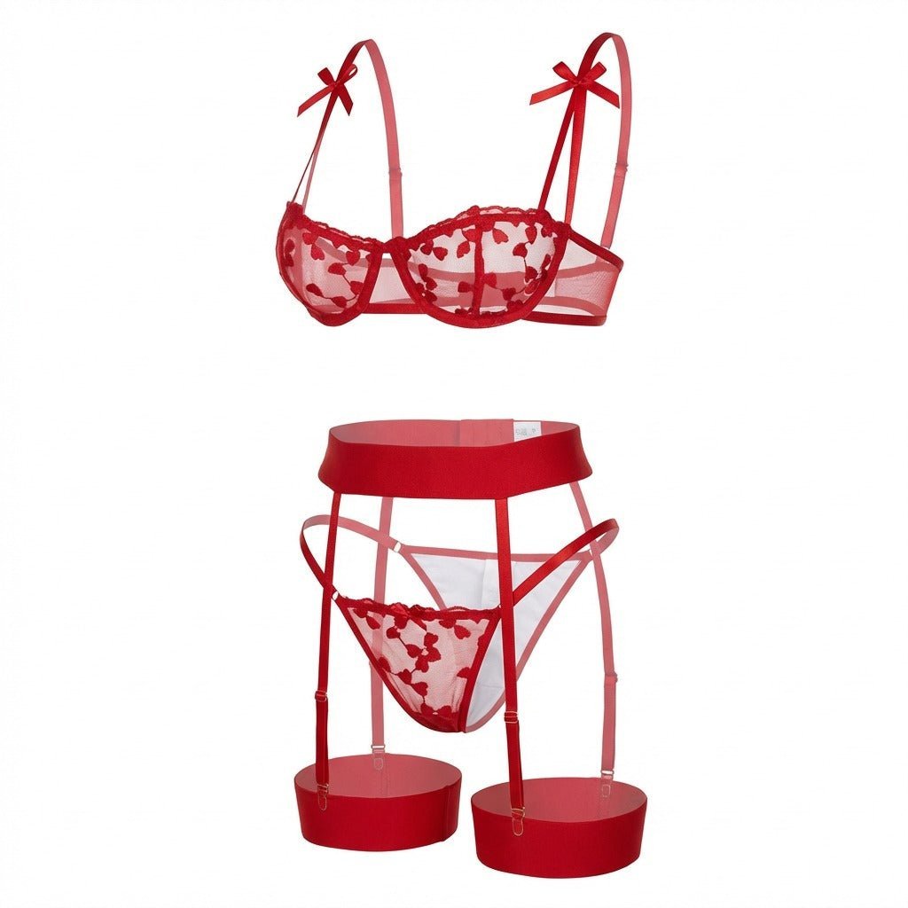 Women's Embroidered Mesh Four-Piece Lingerie Set - Red