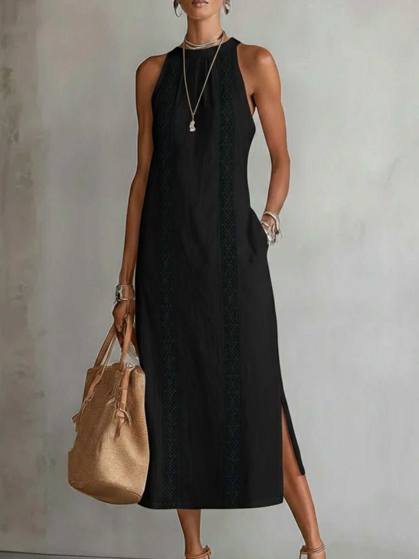 Women's Embroidered Sleeveless Midi Dress - Black