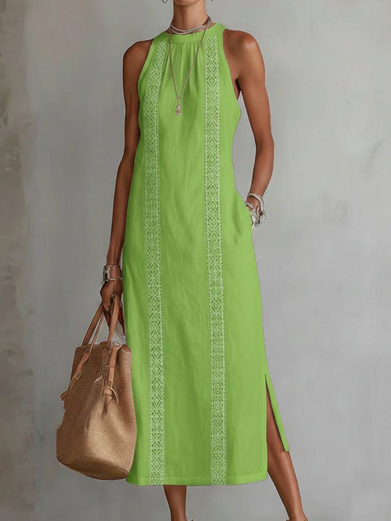 Women's Embroidered Sleeveless Midi Dress - Green