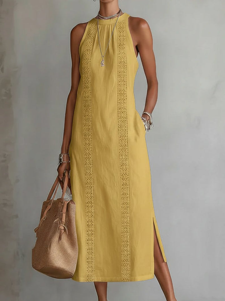Women's Embroidered Sleeveless Midi Dress - Yellow
