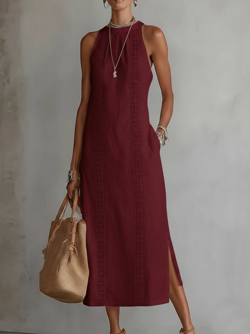 Women's Embroidered Sleeveless Midi Dress - Red