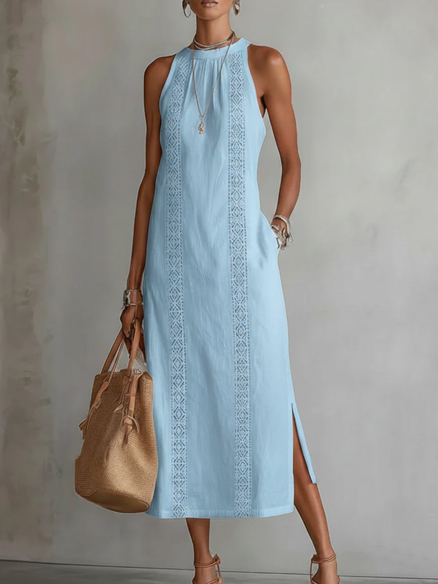 Women's Embroidered Sleeveless Midi Dress - Blue