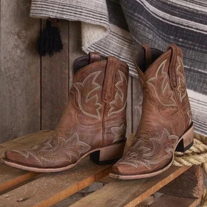 Women's Embroidered Western Cowgirl Ankle Boots Block Heel - Brown
