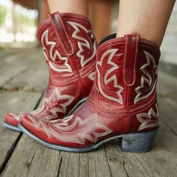 Women's Embroidered Western Cowgirl Ankle Boots Block Heel - Red
