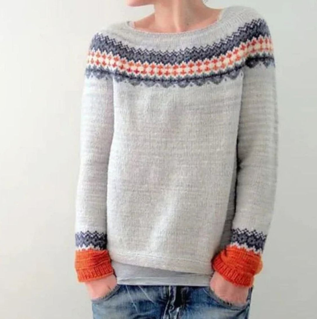 Women's Fair Isle Crew Neck Knit Sweater Relaxed Fit Long Sleeve - Light Grey