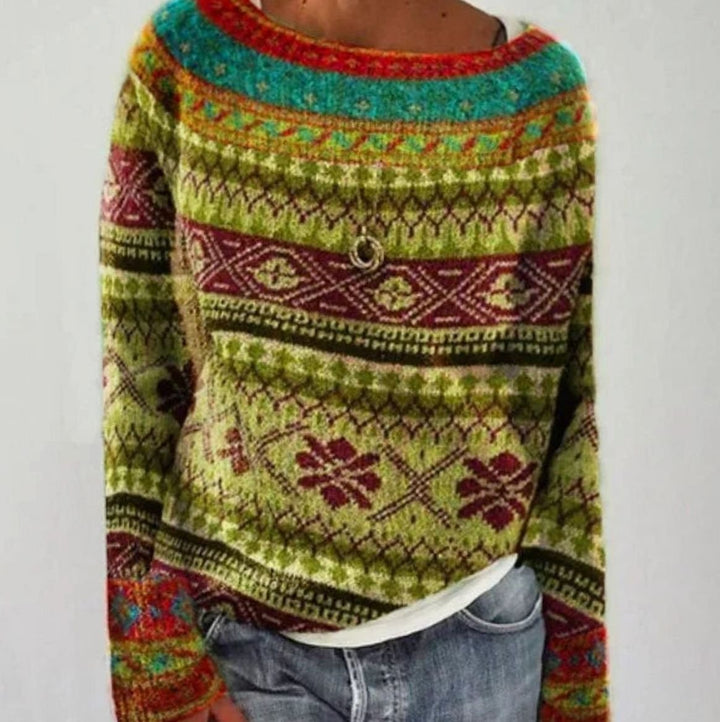 Women's Fair Isle Crew Neck Knit Sweater Relaxed Fit Long Sleeve - Yellow Green