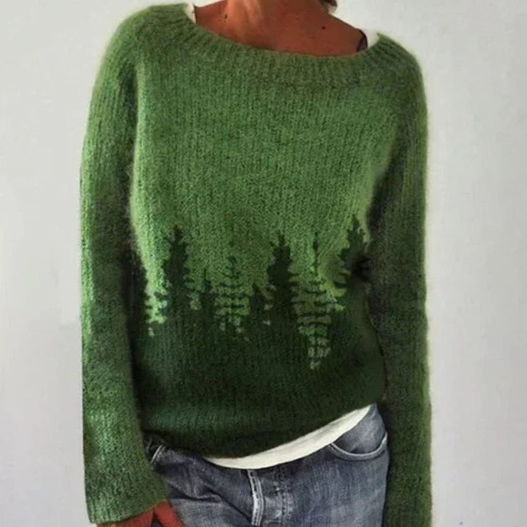 Women's Fair Isle Crew Neck Knit Sweater Relaxed Fit Long Sleeve - Green Silhouette