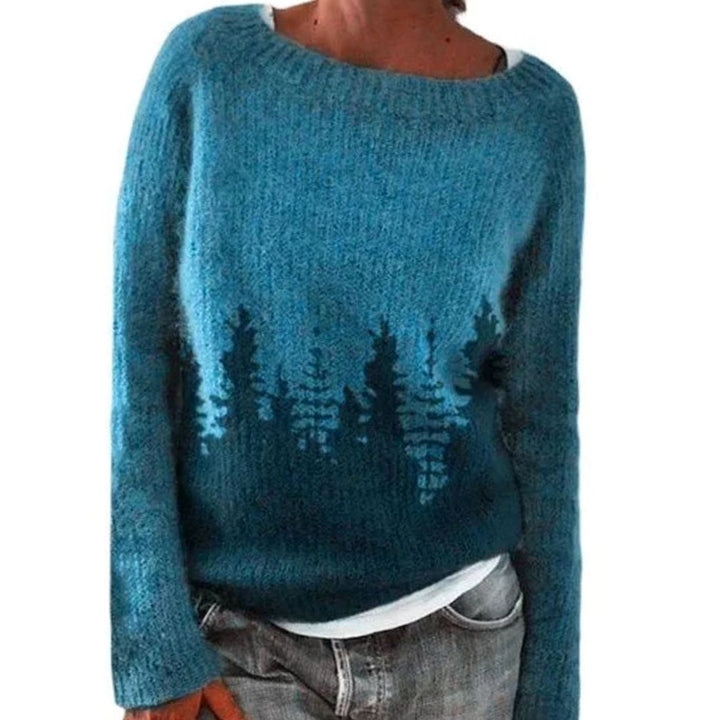 Women's Fair Isle Crew Neck Knit Sweater Relaxed Fit Long Sleeve - Blue Silhouette