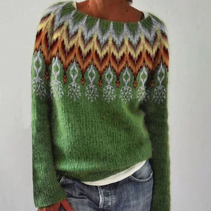 Women's Fair Isle Crew Neck Knit Sweater Relaxed Fit Long Sleeve - Green Feather