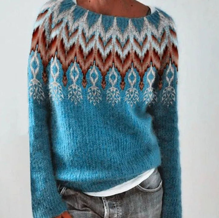 Women's Fair Isle Crew Neck Knit Sweater Relaxed Fit Long Sleeve - Blue Feather