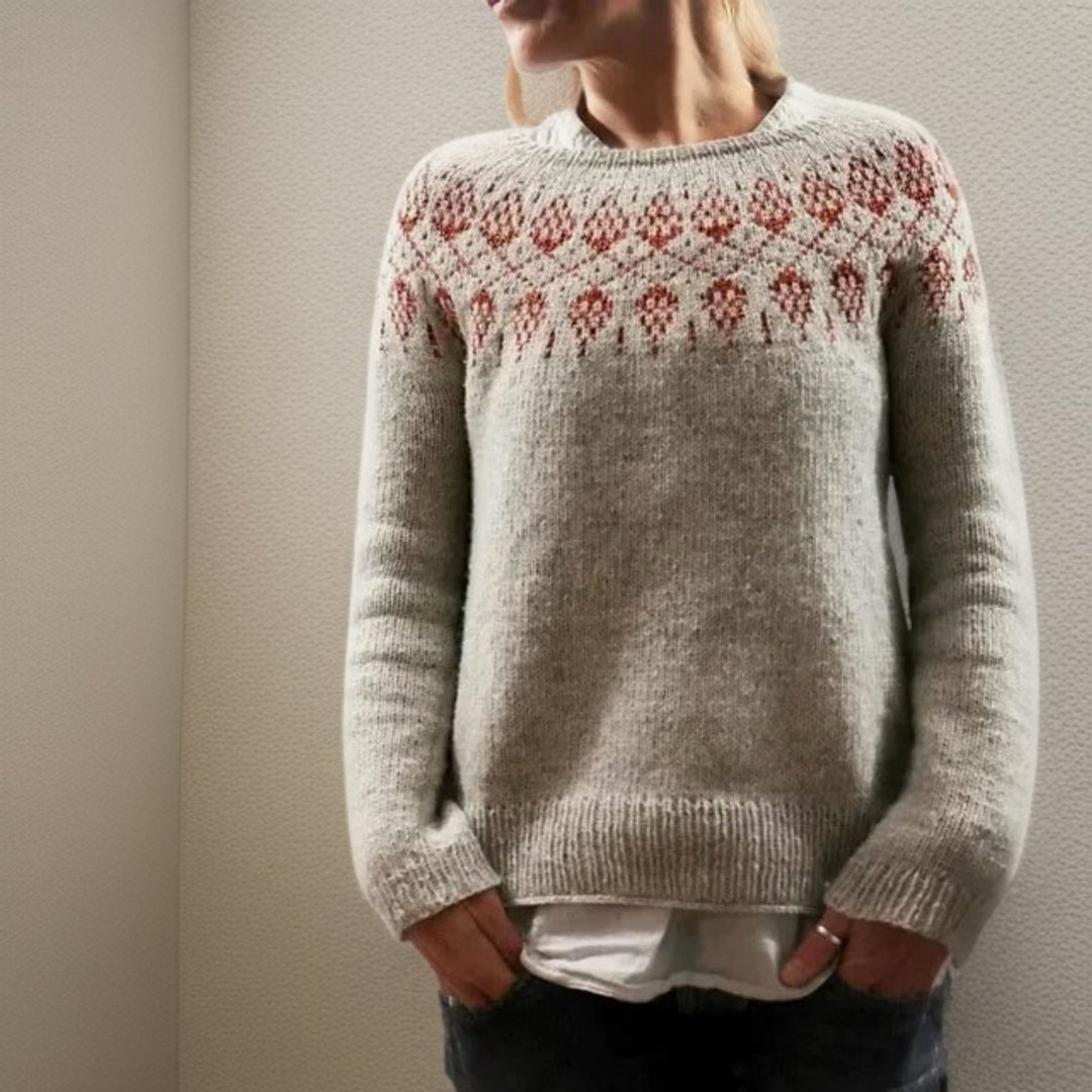 Women's Fair Isle Icelandic Knit Sweater Relaxed Crew Neck Jumper - Grey