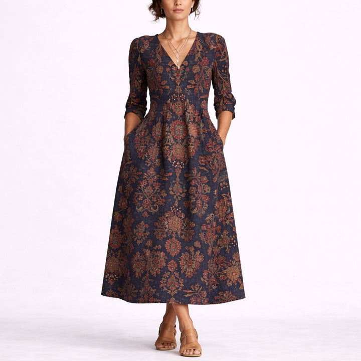 Women's Fall Wedding Guest Dresses Floral Linen Maxi V-Neck - Multicolour