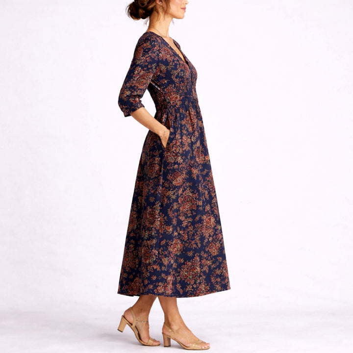 Women's Fall Wedding Guest Dresses Floral Linen Maxi V-Neck