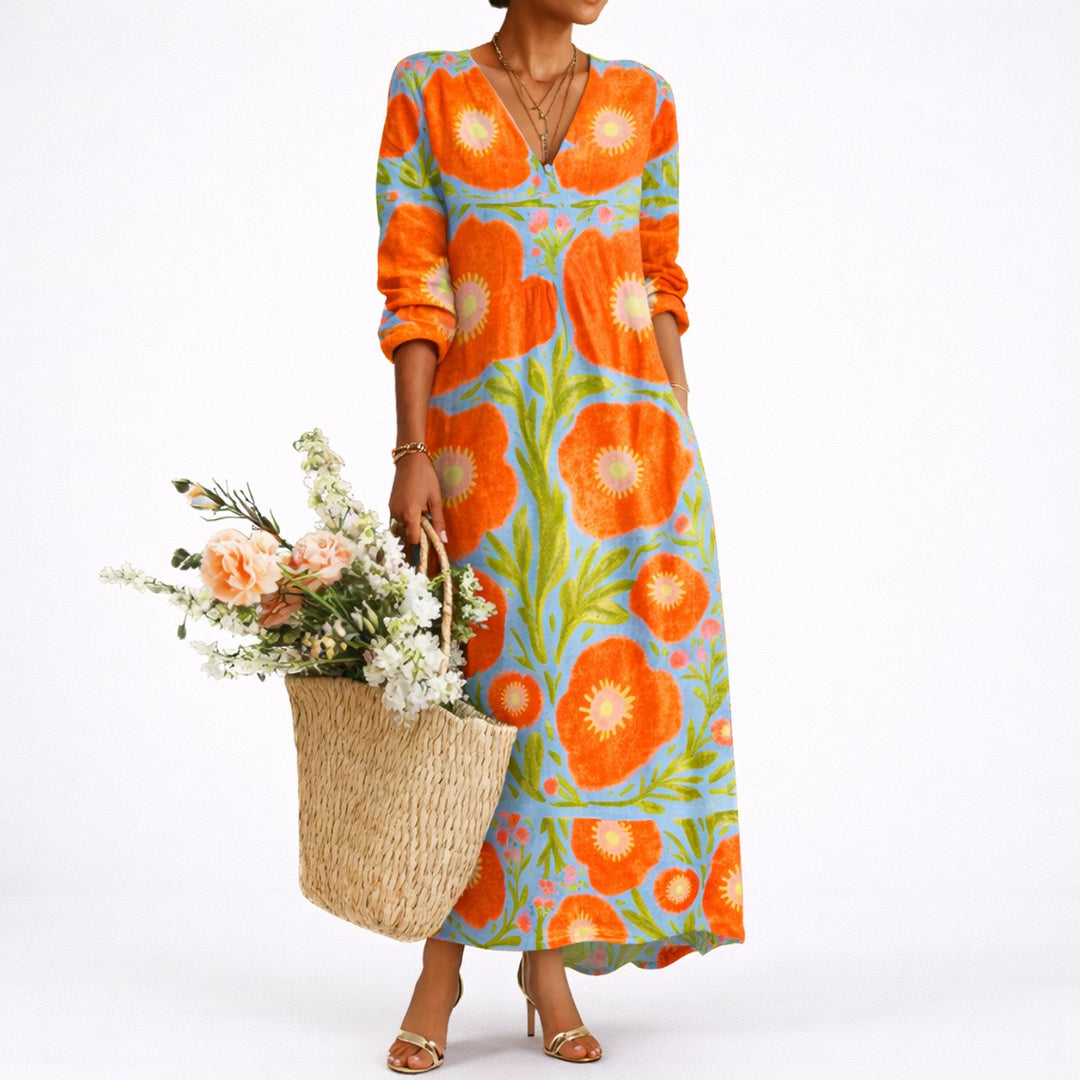 Women's Fall Wedding Guest Dresses Floral Long-Sleeve Maxi Dress - Multicolour