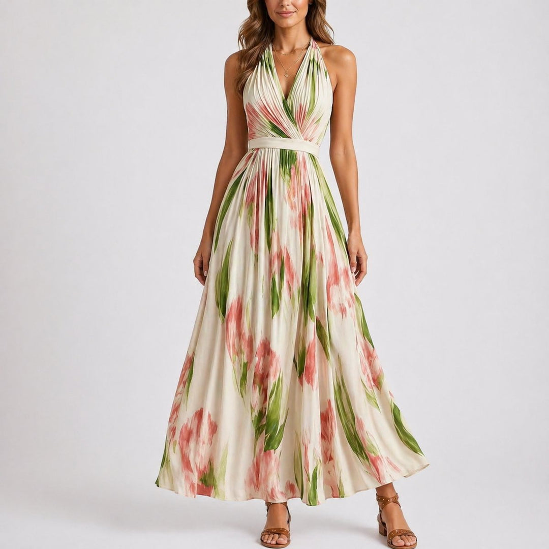 Women's Fall Wedding Guest Dresses Halter Neck Floral Maxi Dress - Floral