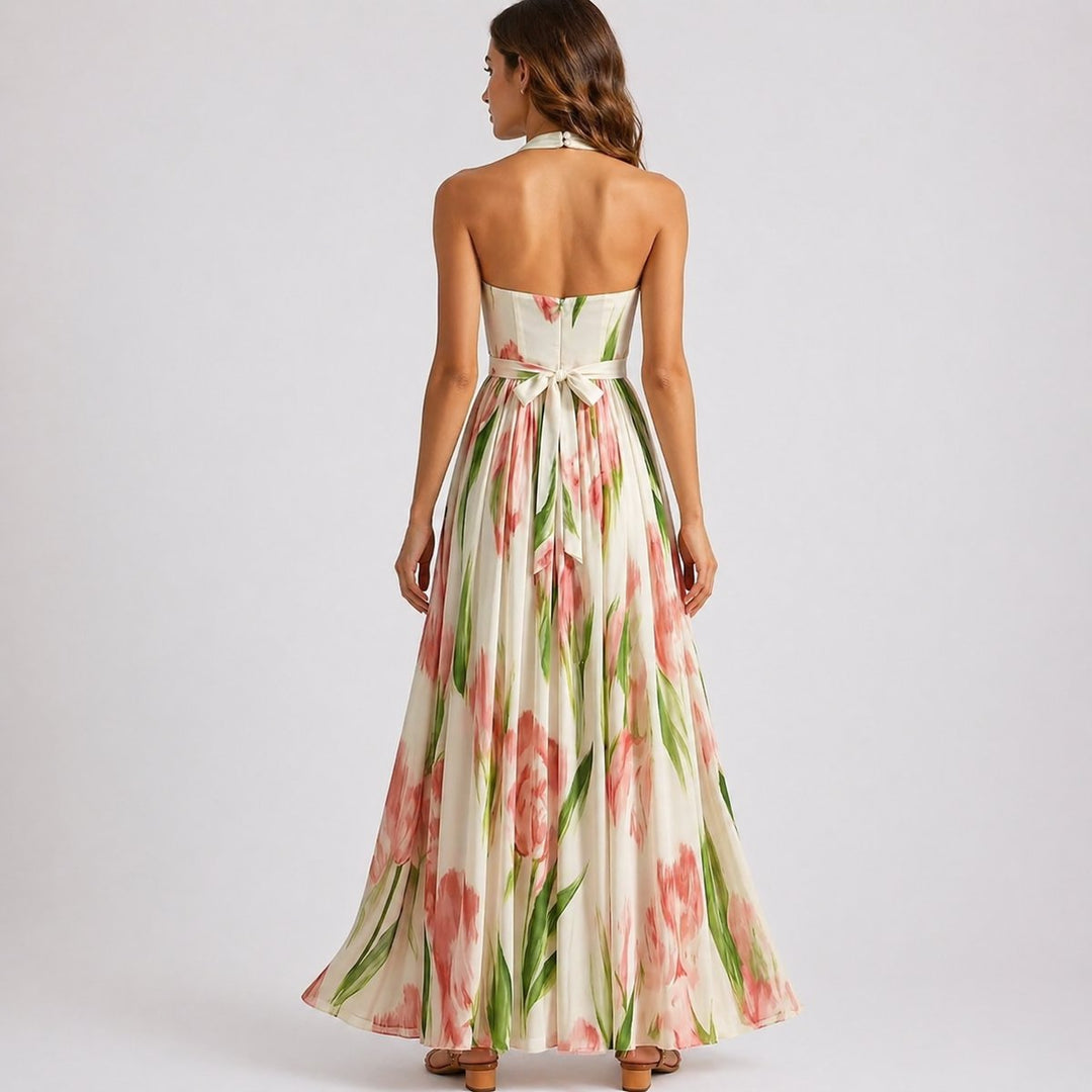 Women's Fall Wedding Guest Dresses Halter Neck Floral Maxi Dress
