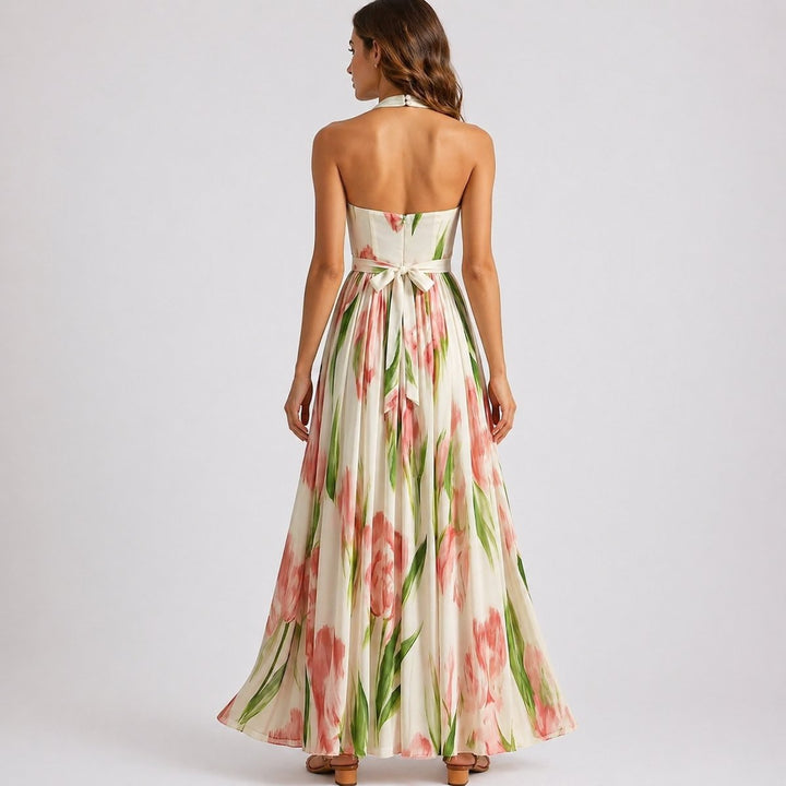 Women's Fall Wedding Guest Dresses Halter Neck Floral Maxi Dress