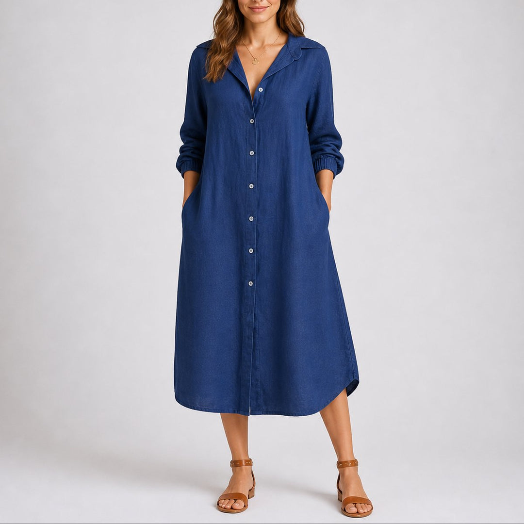 Women's Fall Wedding Guest Dresses Long-Sleeve Button-Front Midi Shirt Dress - Blue