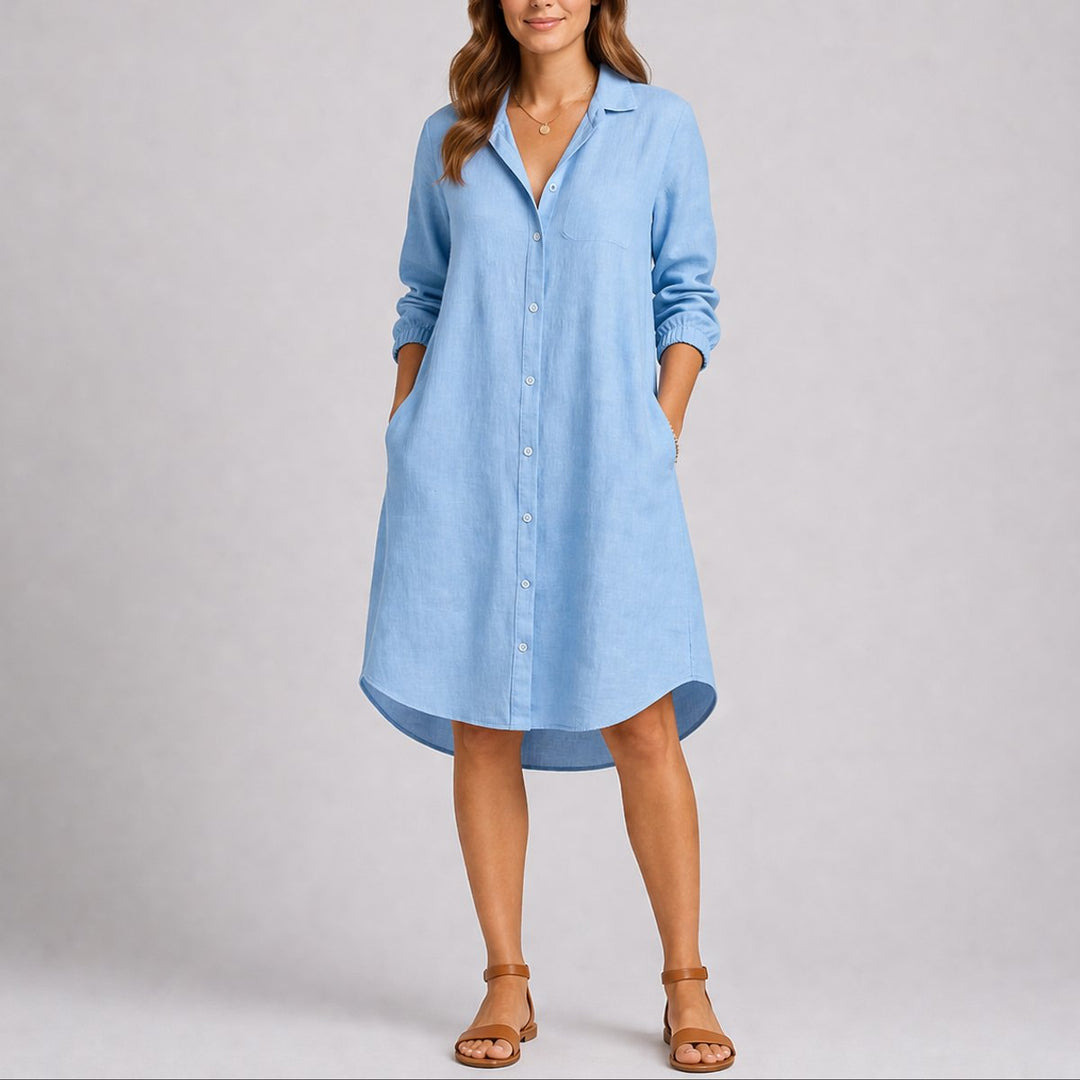 Women's Fall Wedding Guest Dresses Long-Sleeve Button-Front Midi Shirt Dress - Light Blue