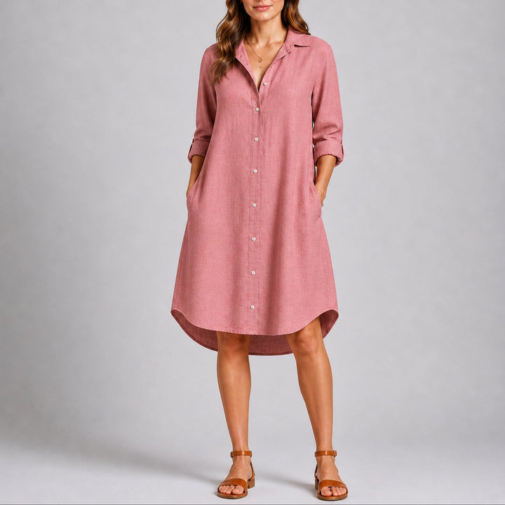 Women's Fall Wedding Guest Dresses Long-Sleeve Button-Front Midi Shirt Dress - Pink
