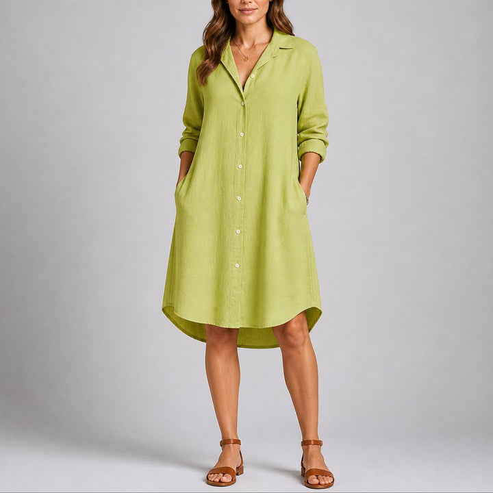 Women's Fall Wedding Guest Dresses Long-Sleeve Button-Front Midi Shirt Dress - Green