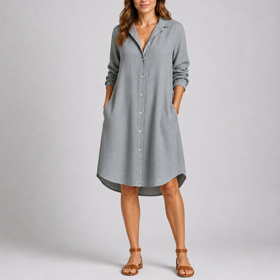 Women's Fall Wedding Guest Dresses Long-Sleeve Button-Front Midi Shirt Dress - Grey