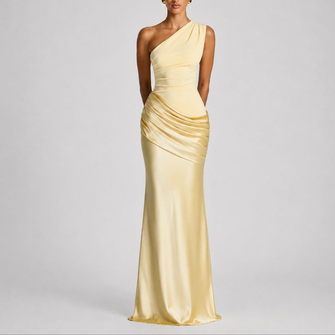 Women's Fall Wedding Guest Dresses One Shoulder Satin Maxi Gown - Yellow