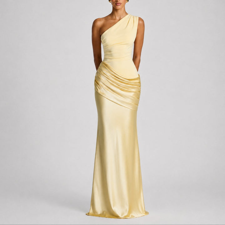 Women's Fall Wedding Guest Dresses One Shoulder Satin Maxi Gown - Yellow