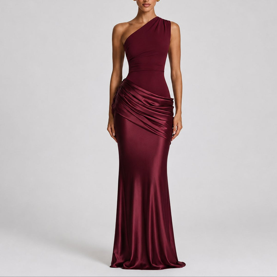 Women's Fall Wedding Guest Dresses One Shoulder Satin Maxi Gown - Red