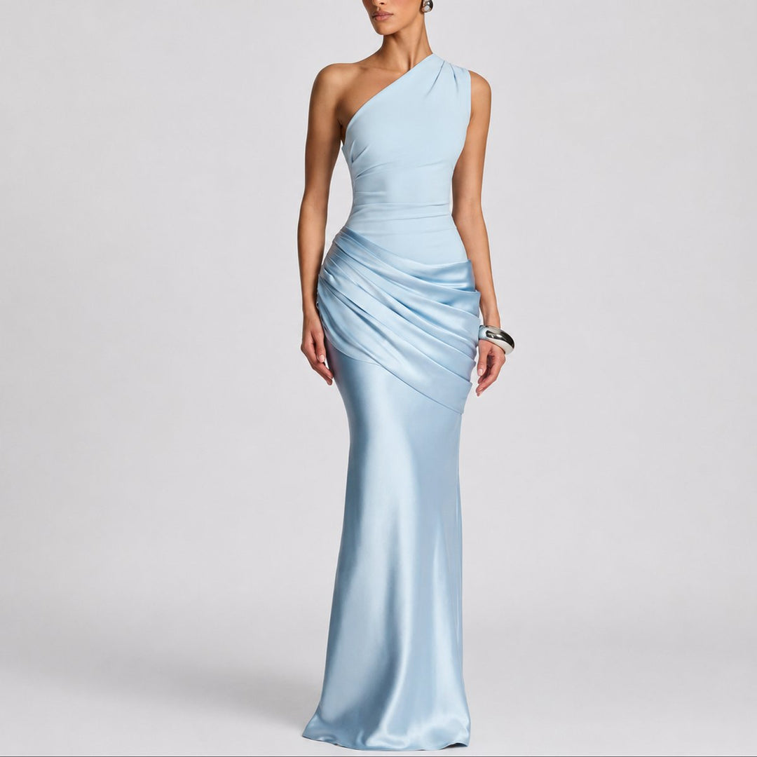 Women's Fall Wedding Guest Dresses One Shoulder Satin Maxi Gown - Light Blue
