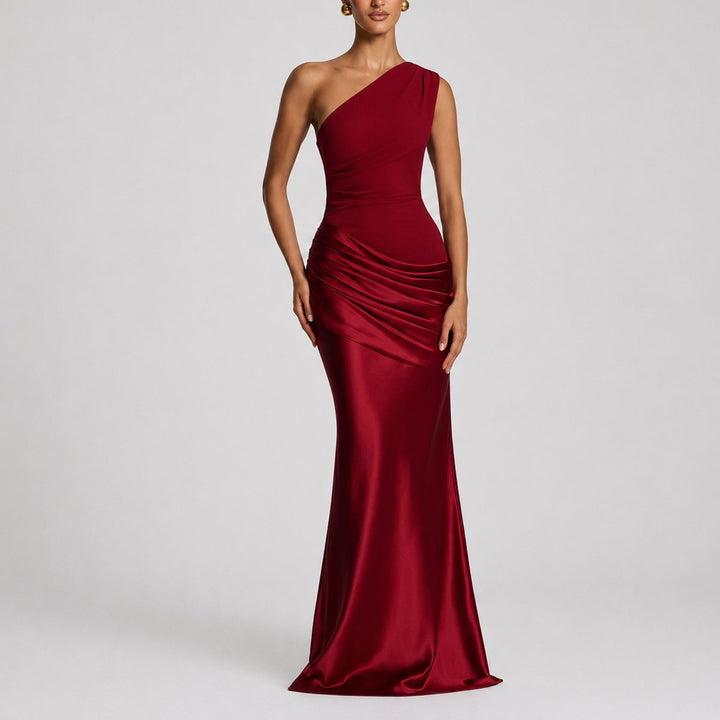 Women's Fall Wedding Guest Dresses One Shoulder Satin Maxi Gown