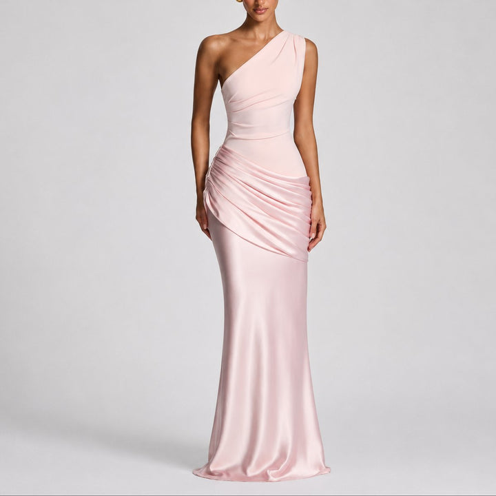 Women's Fall Wedding Guest Dresses One Shoulder Satin Maxi Gown - Pink