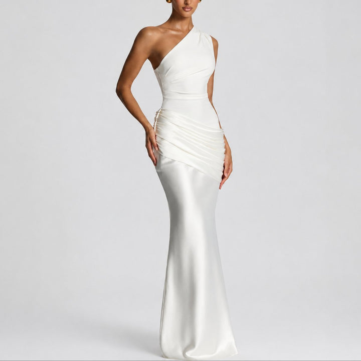 Women's Fall Wedding Guest Dresses One Shoulder Satin Maxi Gown - White