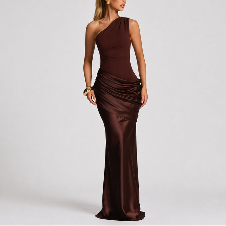 Women's Fall Wedding Guest Dresses One Shoulder Satin Maxi Gown - Brown