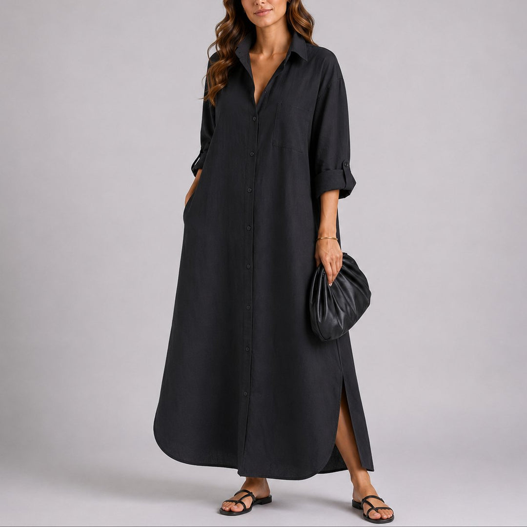 Women's Fall Wedding Guest Dresses Oversized Linen Shirt Maxi Dress - Black