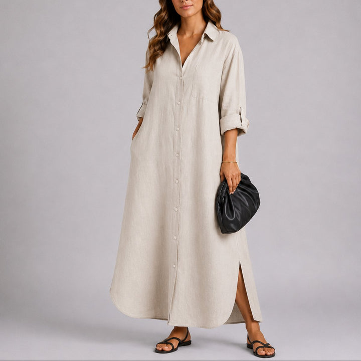 Women's Fall Wedding Guest Dresses Oversized Linen Shirt Maxi Dress - Beige