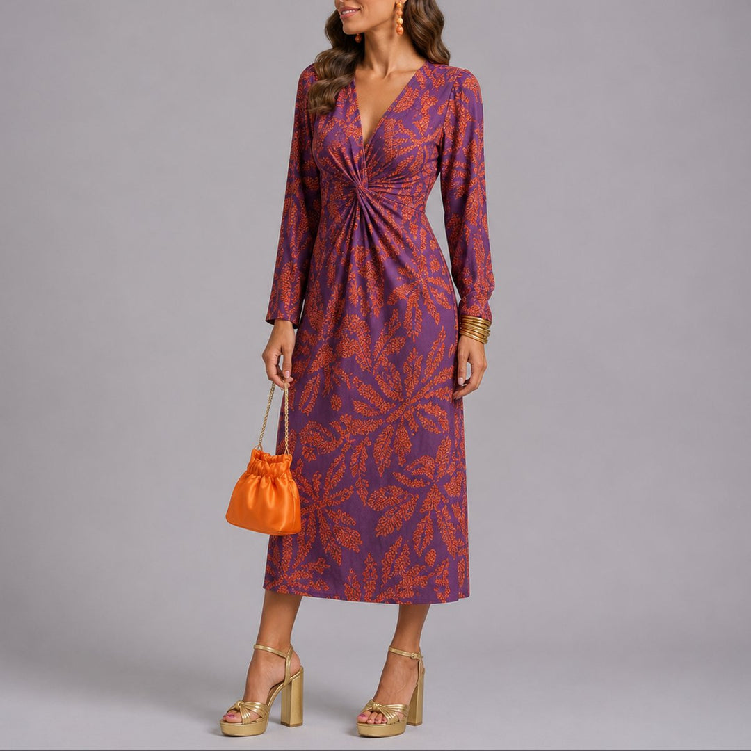 Women's Fall Wedding Guest Floral Twist-Front Long Sleeve Midi Dress - Purple