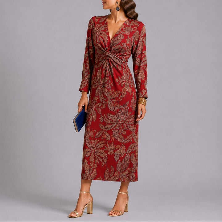 Women's Fall Wedding Guest Floral Twist-Front Long Sleeve Midi Dress - Red