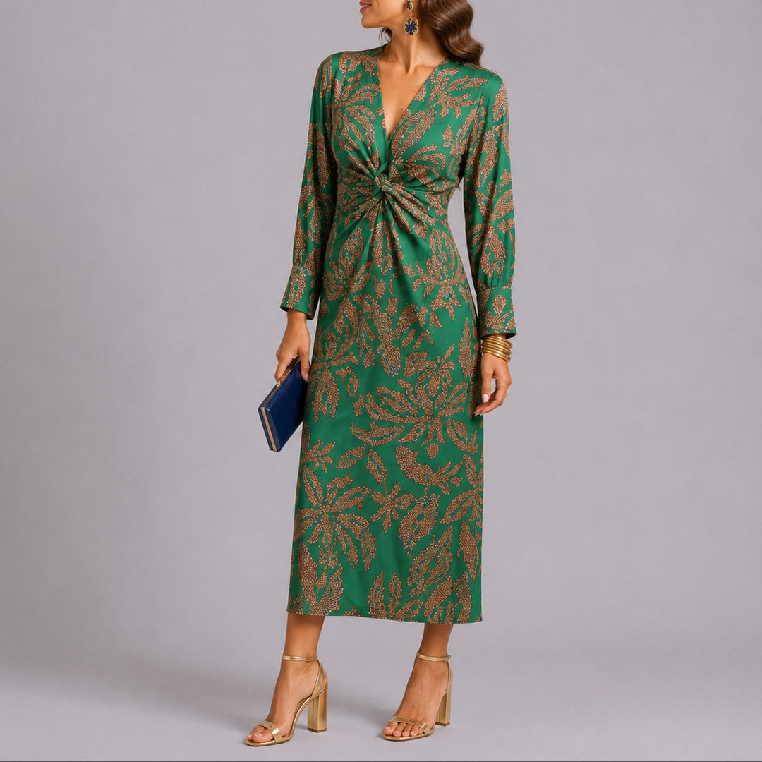 Women's Fall Wedding Guest Floral Twist-Front Long Sleeve Midi Dress - Green