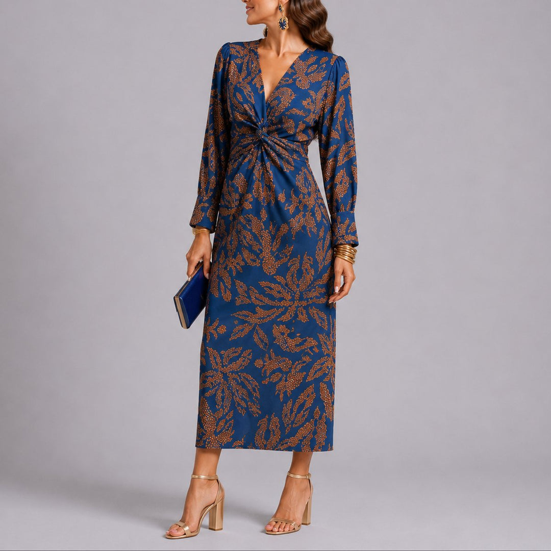 Women's Fall Wedding Guest Floral Twist-Front Long Sleeve Midi Dress - Blue
