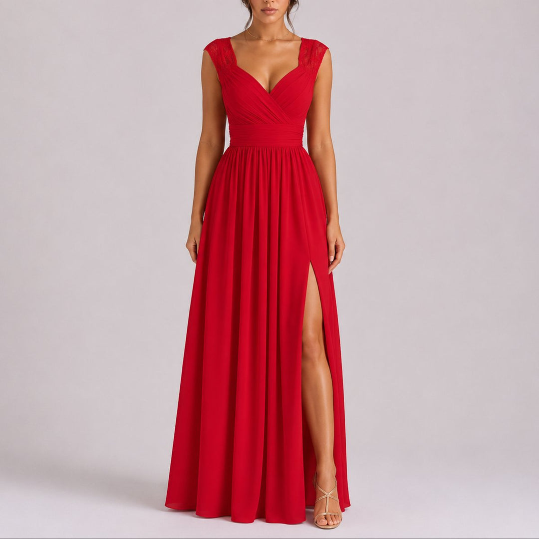 Women's Fall Wedding Guest Lace Shoulder V-Neck Chiffon Maxi Dress - Red