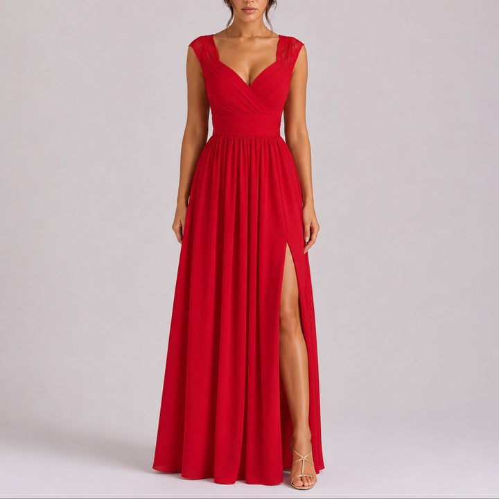 Women's Fall Wedding Guest Lace Shoulder V-Neck Chiffon Maxi Dress - Red
