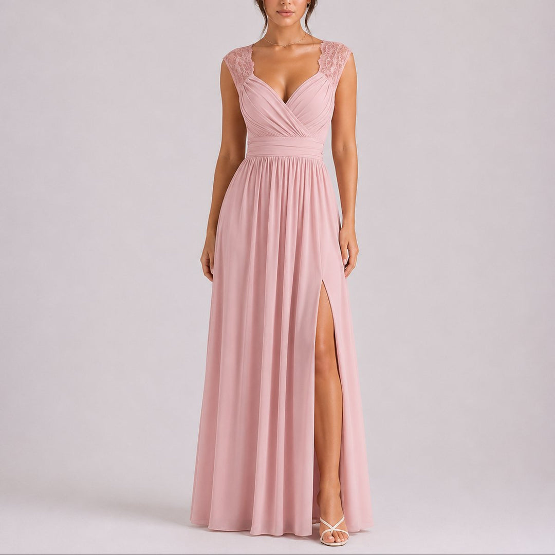 Women's Fall Wedding Guest Lace Shoulder V-Neck Chiffon Maxi Dress - Pink