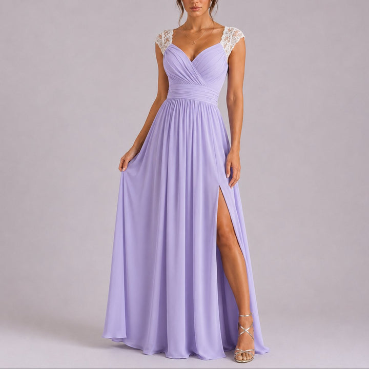 Women's Fall Wedding Guest Lace Shoulder V-Neck Chiffon Maxi Dress - Purple