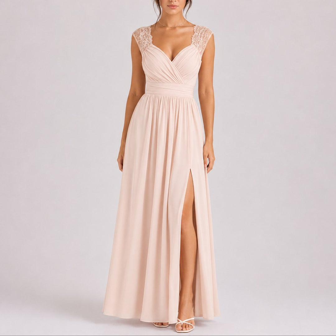 Women's Fall Wedding Guest Lace Shoulder V-Neck Chiffon Maxi Dress - Beige