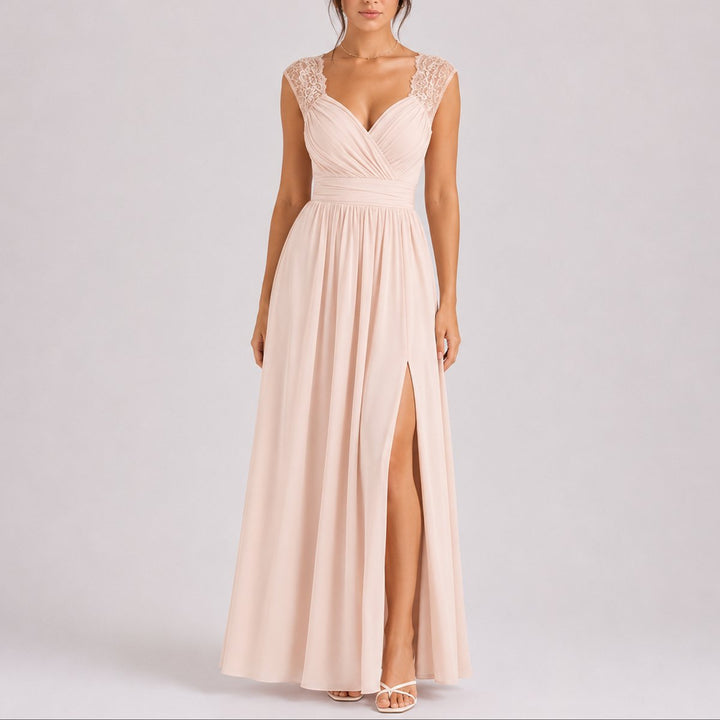 Women's Fall Wedding Guest Lace Shoulder V-Neck Chiffon Maxi Dress - Beige