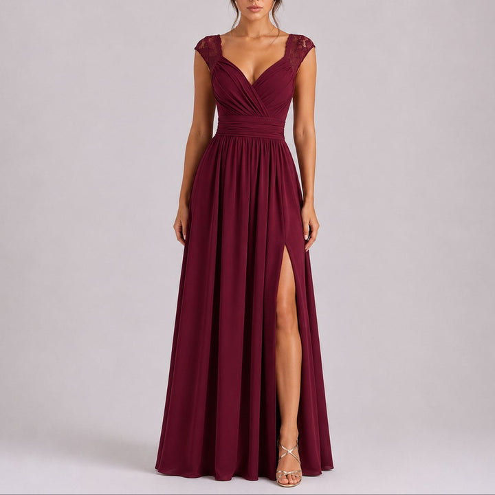 Women's Fall Wedding Guest Lace Shoulder V-Neck Chiffon Maxi Dress - Red Carpet