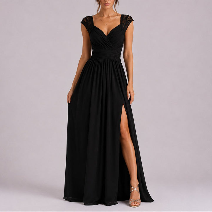 Women's Fall Wedding Guest Lace Shoulder V-Neck Chiffon Maxi Dress - Black