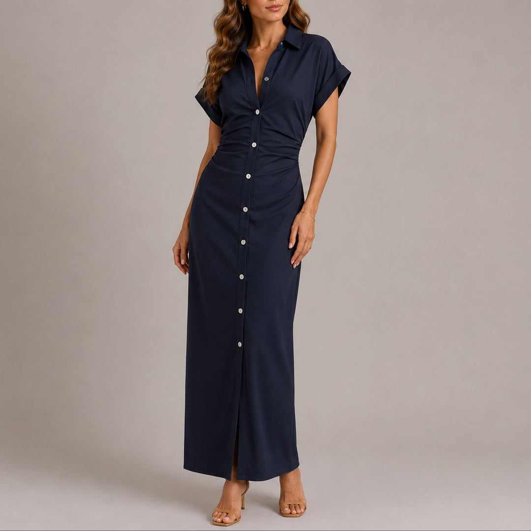 Women's Fall Wedding Guest Maxi Shirt Dress Ruched Button-Down - Navy